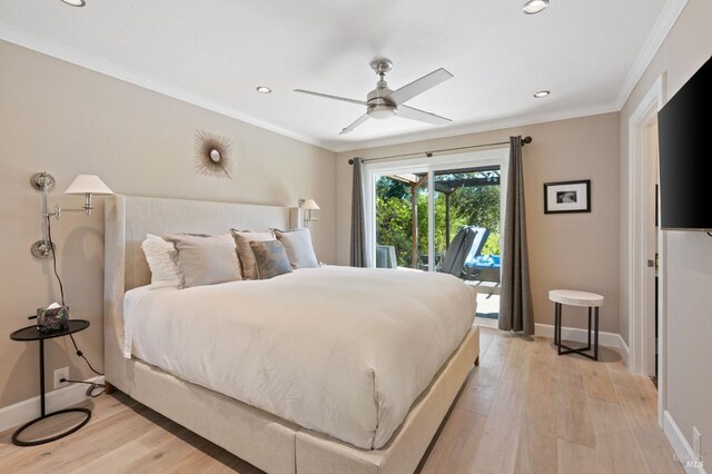 bedroom featuring access to outside, ceiling fan, light hardwood / wood-style flooring, and crown molding