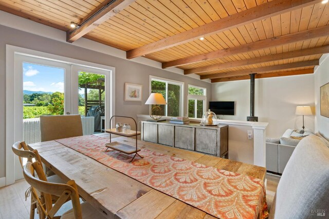 dining room featuring light wood finished floors, wooden ceiling, and beamed ceiling