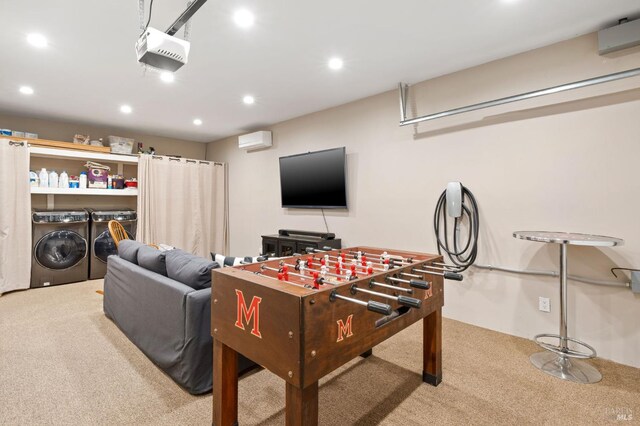 game room with separate washer and dryer, a wall unit AC, recessed lighting, and carpet floors