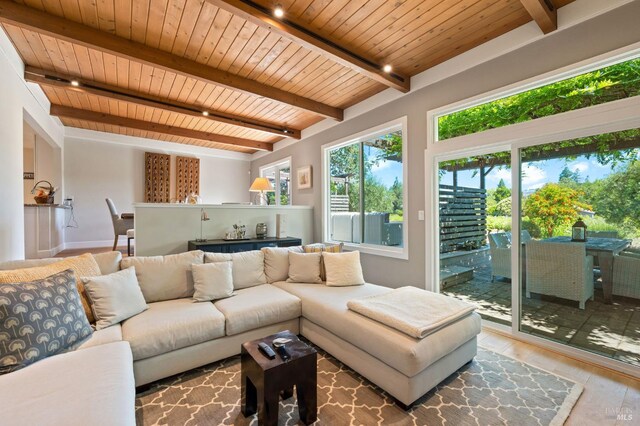 living room with wood ceiling, beam ceiling, and wood finished floors