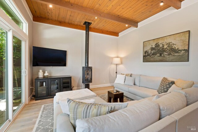 living area with wood ceiling, beam ceiling, a wood stove, and wood finished floors