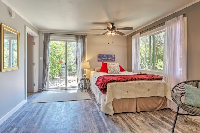 bedroom with hardwood / wood-style flooring, ceiling fan, access to exterior, and multiple windows