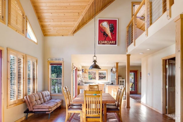 dining room featuring high vaulted ceiling, hardwood / wood-style floors, and wood ceiling