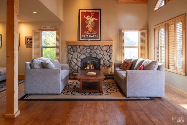 living room featuring a healthy amount of sunlight, a fireplace, and hardwood / wood-style flooring