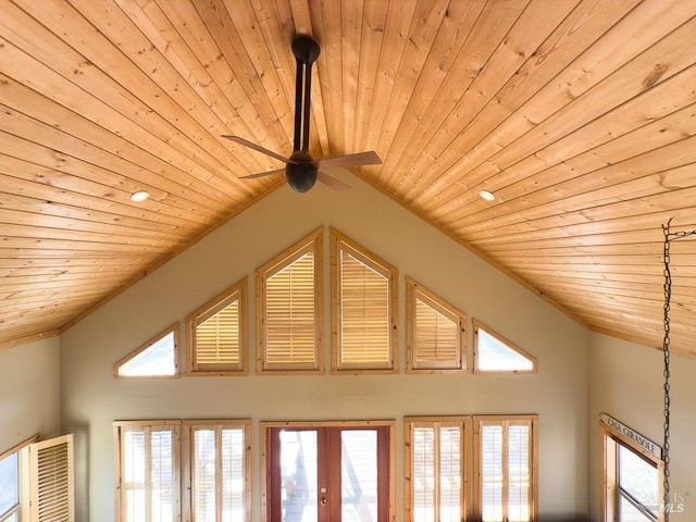 room details featuring wood ceiling, ceiling fan, and french doors