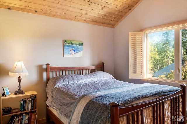 bedroom featuring lofted ceiling and wooden ceiling