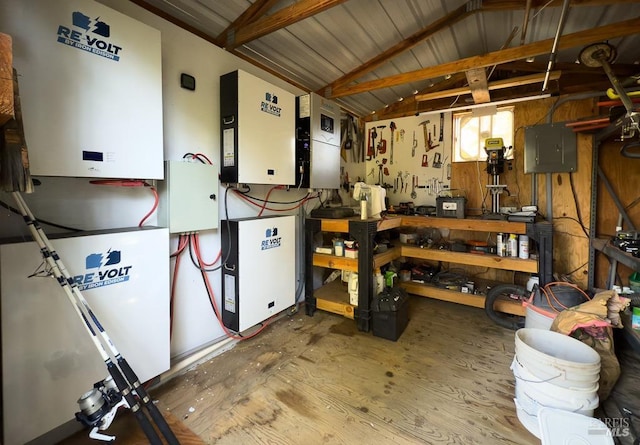 storage featuring electric panel and tankless water heater