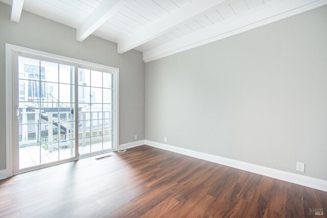 empty room featuring wood ceiling, dark wood-type flooring, and beamed ceiling