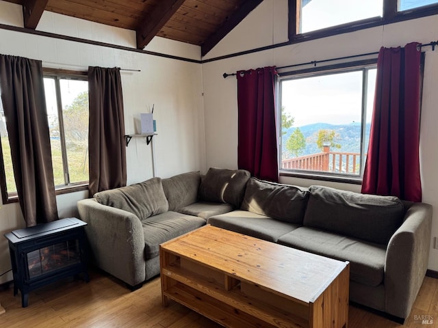 living room featuring vaulted ceiling with beams, wood ceiling, wood-type flooring, a wood stove, and a mountain view