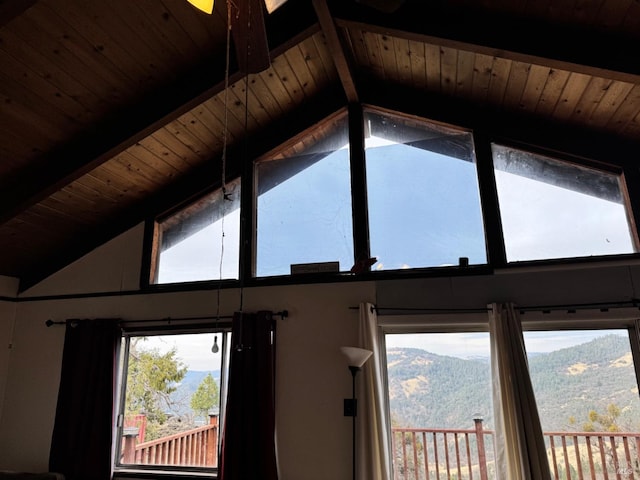 interior details with beamed ceiling, a mountain view, and wood ceiling