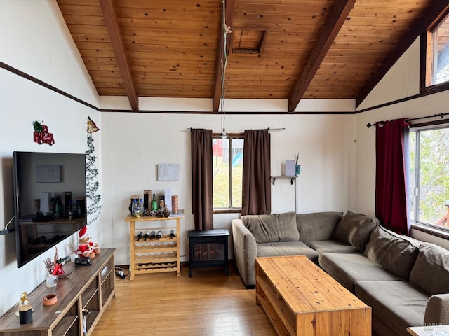 living room with wood ceiling, lofted ceiling with beams, light hardwood / wood-style floors, and a wood stove