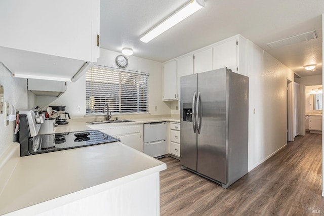 kitchen featuring stainless steel fridge with ice dispenser, white cabinetry, dark wood-type flooring, and sink