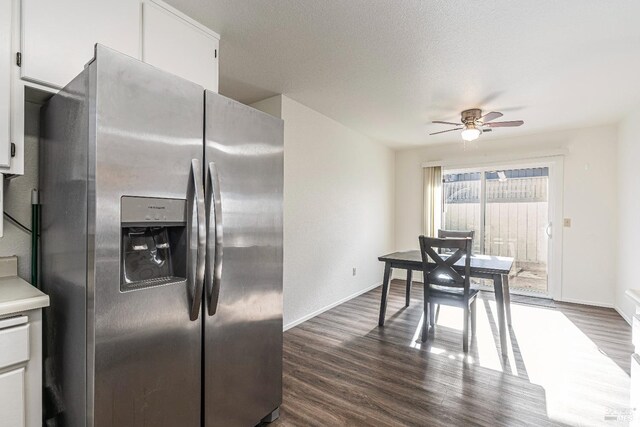 kitchen with white cabinets, ceiling fan, stainless steel refrigerator with ice dispenser, and dark wood-type flooring