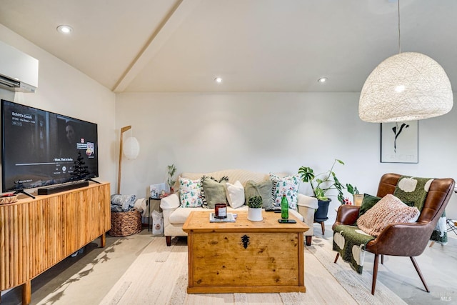 living area featuring lofted ceiling, recessed lighting, and a wall mounted air conditioner