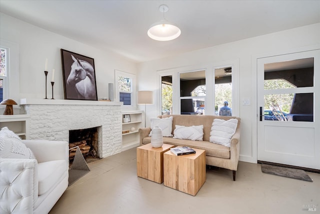 living room with a fireplace