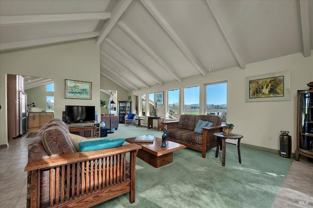 carpeted living room featuring high vaulted ceiling and beamed ceiling