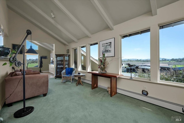 sitting room featuring carpet floors, baseboard heating, and vaulted ceiling with beams