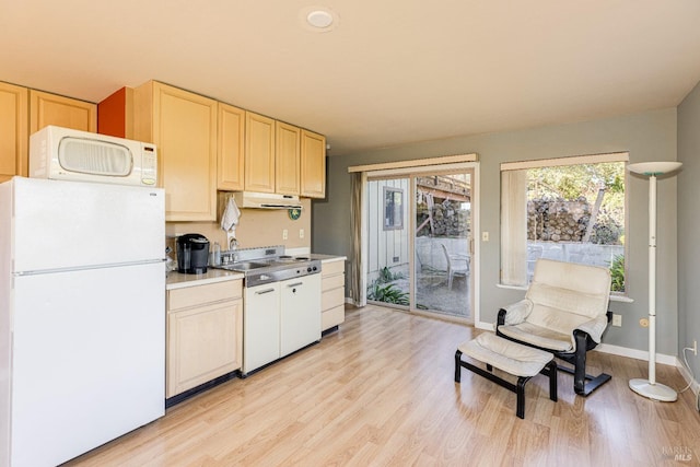 kitchen with sink, light hardwood / wood-style floors, and white appliances