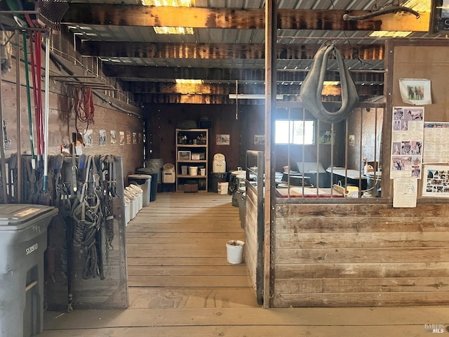 interior space featuring wood-type flooring and wood walls