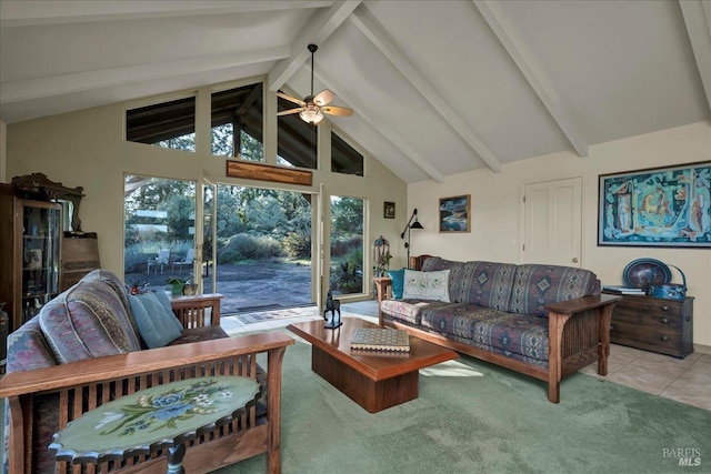 tiled living room with ceiling fan, beam ceiling, and high vaulted ceiling