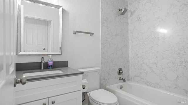 full bathroom featuring toilet, a textured wall, shower / tub combination, and vanity