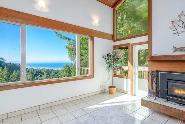 unfurnished sunroom with a fireplace and a water view