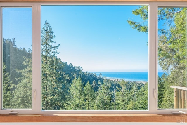 interior space with a water view