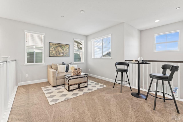 sitting room featuring recessed lighting, baseboards, and carpet