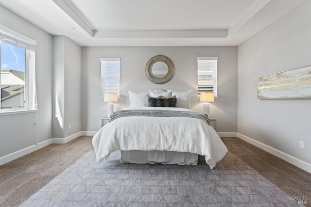 bedroom featuring carpet, a raised ceiling, and baseboards