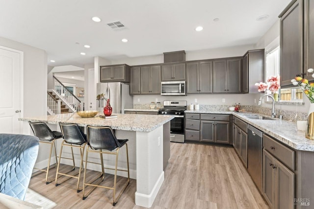 kitchen featuring visible vents, a center island, light wood-type flooring, appliances with stainless steel finishes, and a sink