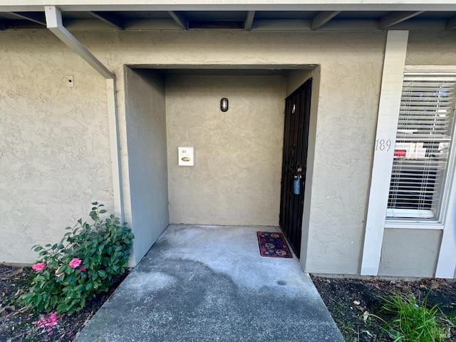 doorway to property featuring stucco siding