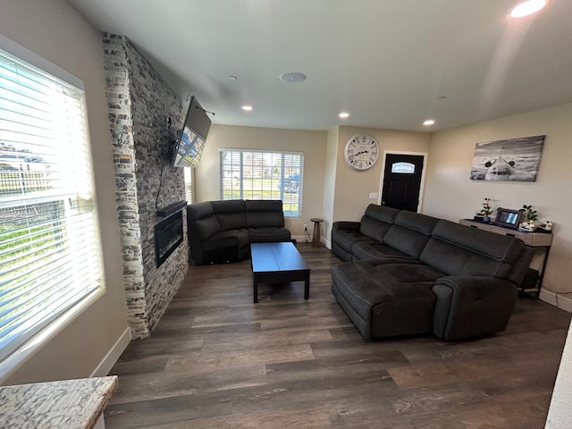 living room with a stone fireplace and dark hardwood / wood-style flooring