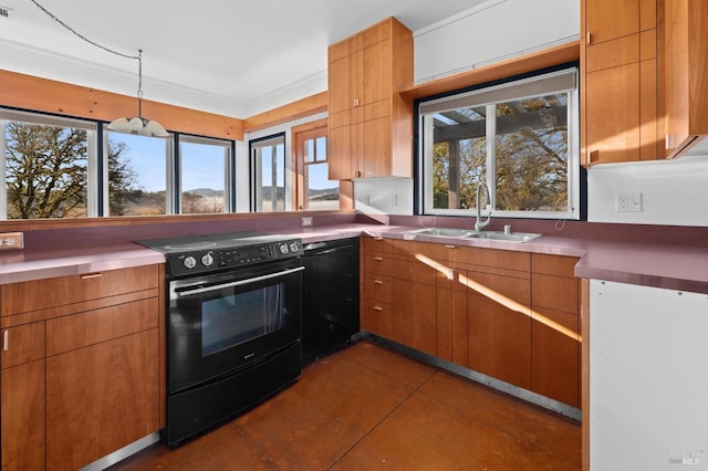 kitchen with black appliances, light tile patterned floors, sink, and hanging light fixtures