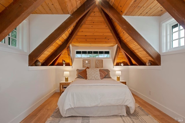 bedroom with wood ceiling, hardwood / wood-style flooring, and multiple windows