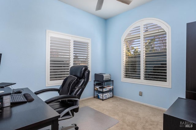 office with ceiling fan and light carpet