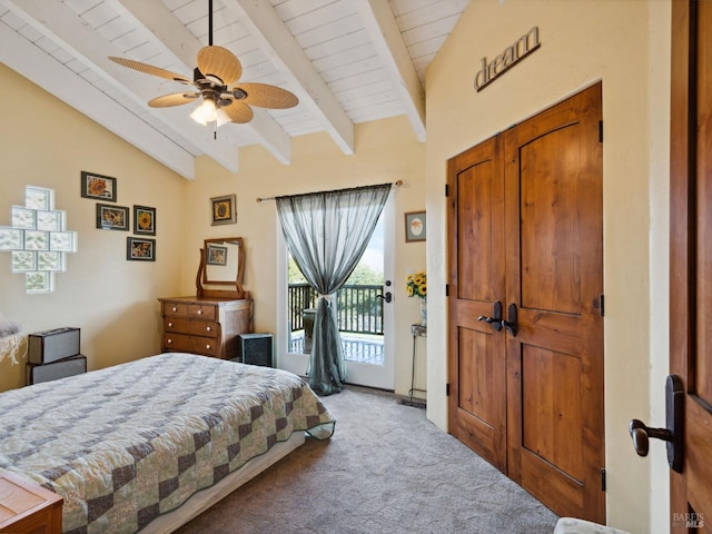 bedroom with a ceiling fan, access to outside, light carpet, and vaulted ceiling with beams