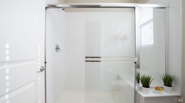 bathroom featuring a shower with shower door