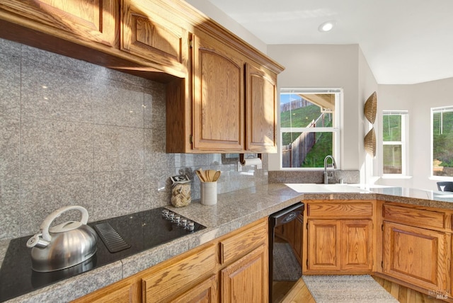 kitchen featuring black appliances, decorative backsplash, and sink