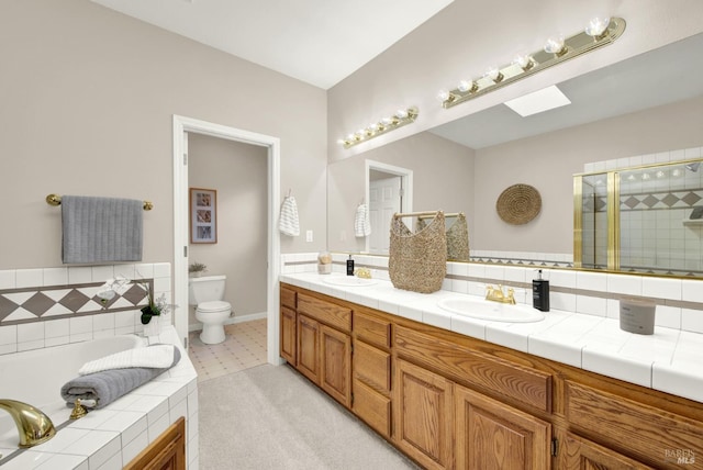 bathroom with a skylight, vanity, a bath, and toilet