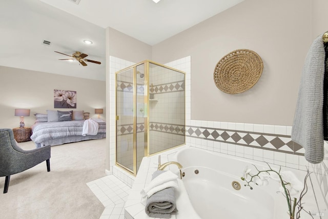 bathroom featuring ceiling fan and plus walk in shower