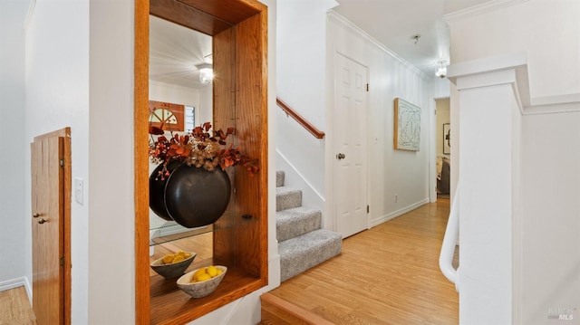corridor with light hardwood / wood-style flooring and ornamental molding