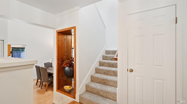 staircase featuring hardwood / wood-style flooring and ornamental molding