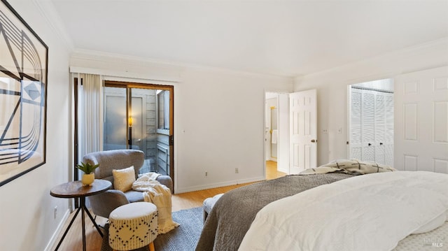 bedroom with light wood-type flooring and ornamental molding