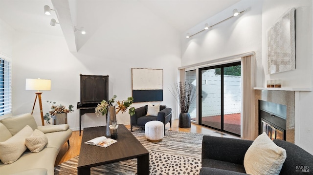 1791 Silverado Trl Unit 5, Napa, CA 94558 - living room featuring a glass covered fireplace, rail lighting, wood finished floors, and high vaulted ceiling