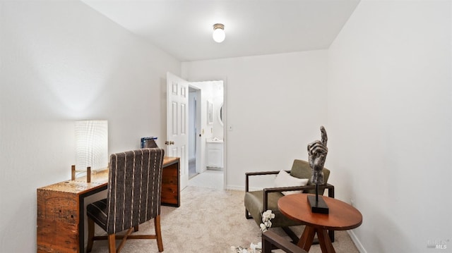 home office featuring light colored carpet