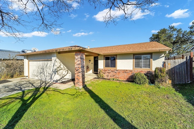 single story home with a front yard and a garage