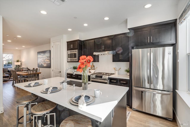 kitchen with sink, light hardwood / wood-style flooring, a kitchen bar, a center island with sink, and appliances with stainless steel finishes