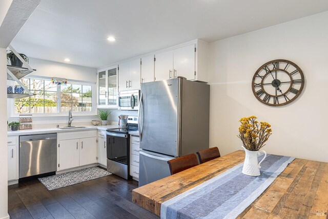 kitchen featuring appliances with stainless steel finishes, white cabinetry, dark wood-type flooring, and sink