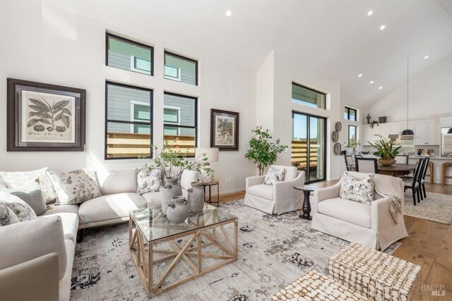living area featuring recessed lighting, wood finished floors, and high vaulted ceiling