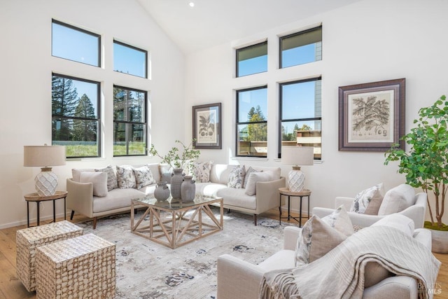 living room with a high ceiling and wood-type flooring